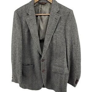 John Weitz Blazer Mens 44R Gray Black Herringbone Tweed Wool Sport Coat Jacket